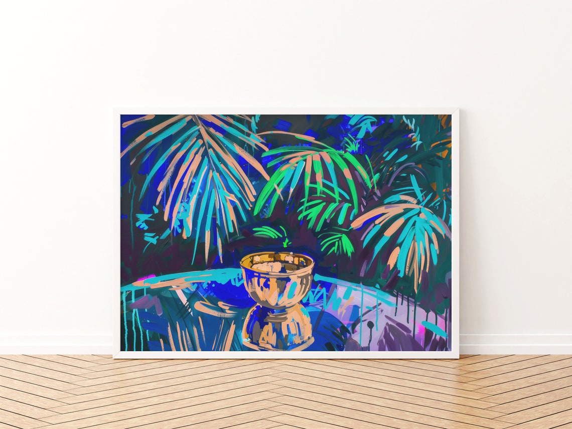 Neon Palm Fronds Midnight Blue Gold Bowl Tropical Still Life Print - Image 3