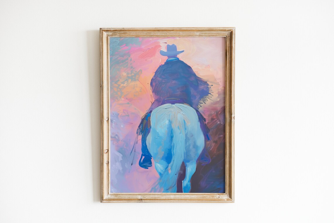 Cowboy Sunset Art Print, Western Pink Aesthetic