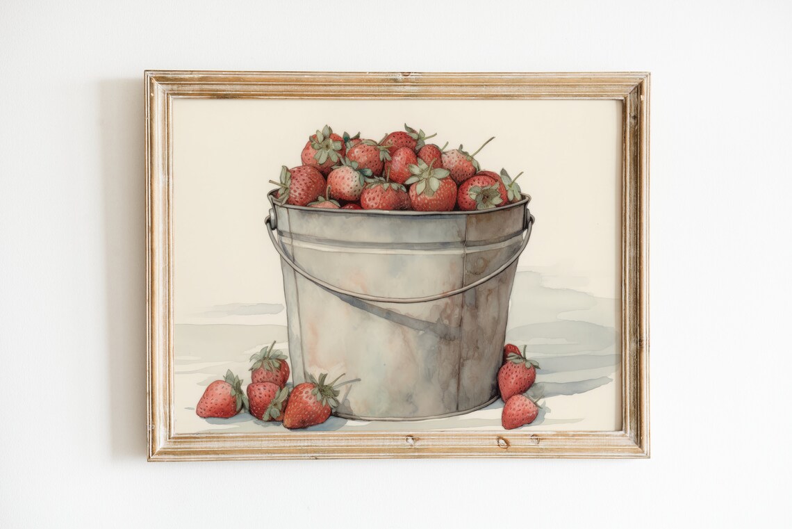 Retro Strawberry Watercolor Art Print, Minimalist Farmhouse