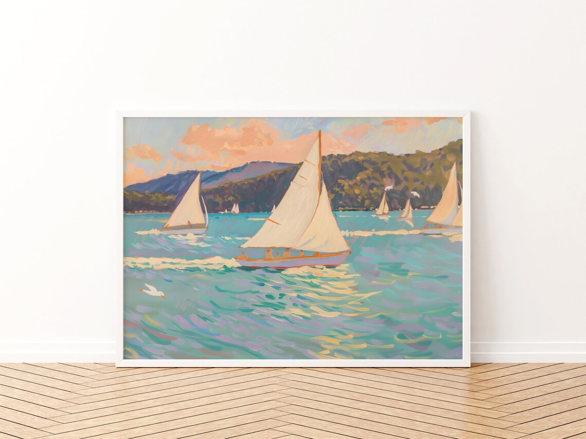 Retro Coastal Sailboat Print, Preppy Seascape Art - Image 2