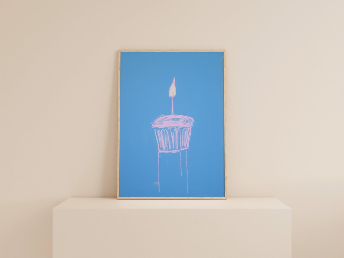 Pink Cupcake with Lit Candle Line Art on Blue Background Poster - Image 2