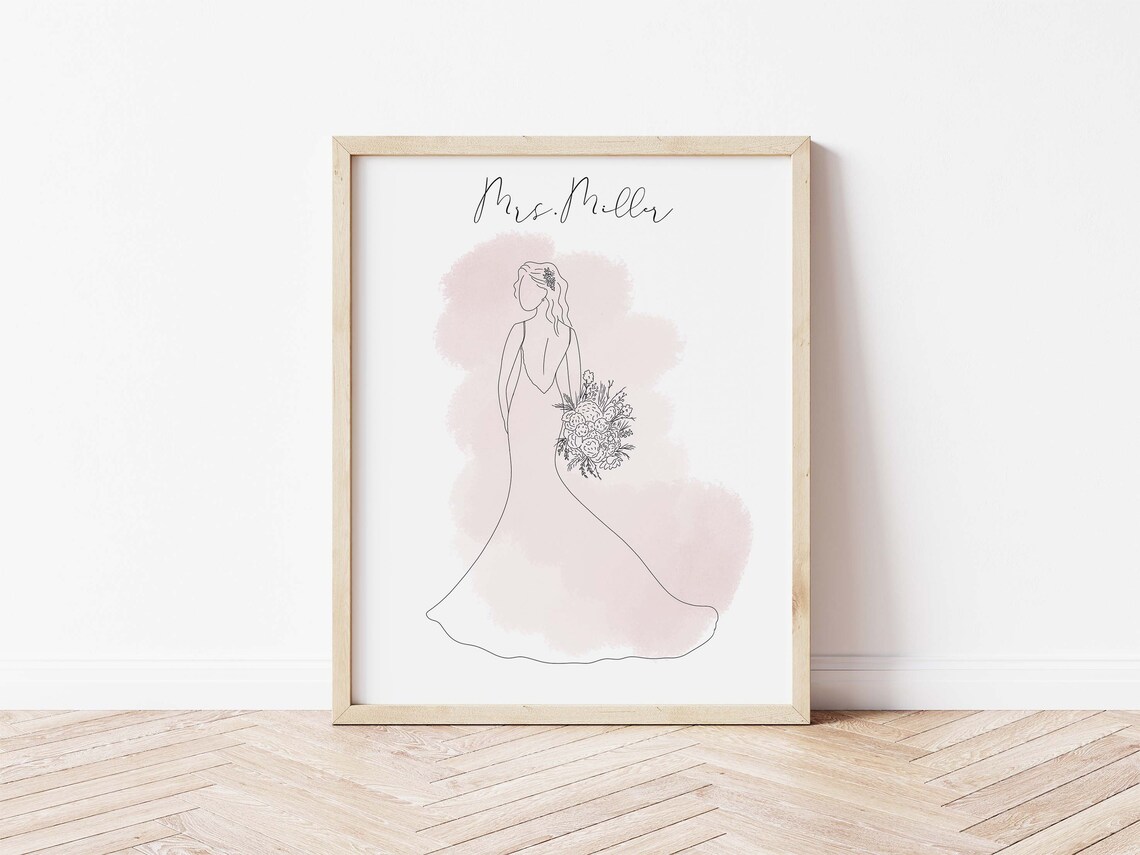 Bride Drawing, Minimal Art For Newly Engaged Gift