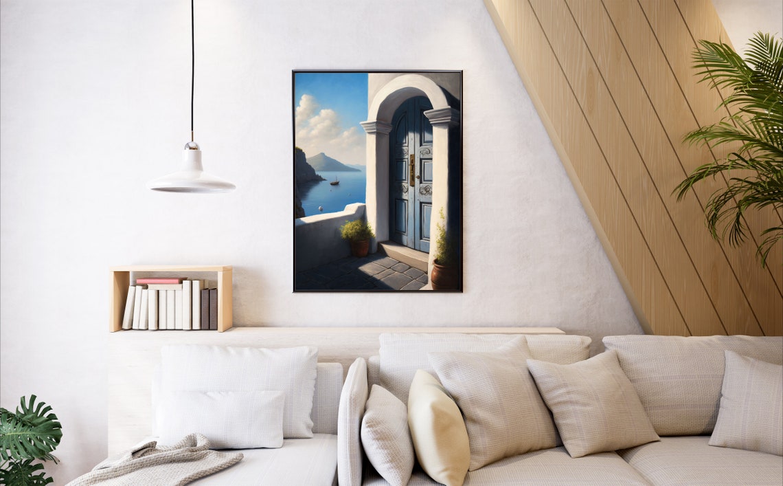 Mediterranean Terrace Blue Door Overlooking Calm Aegean Sea Poster - Image 3
