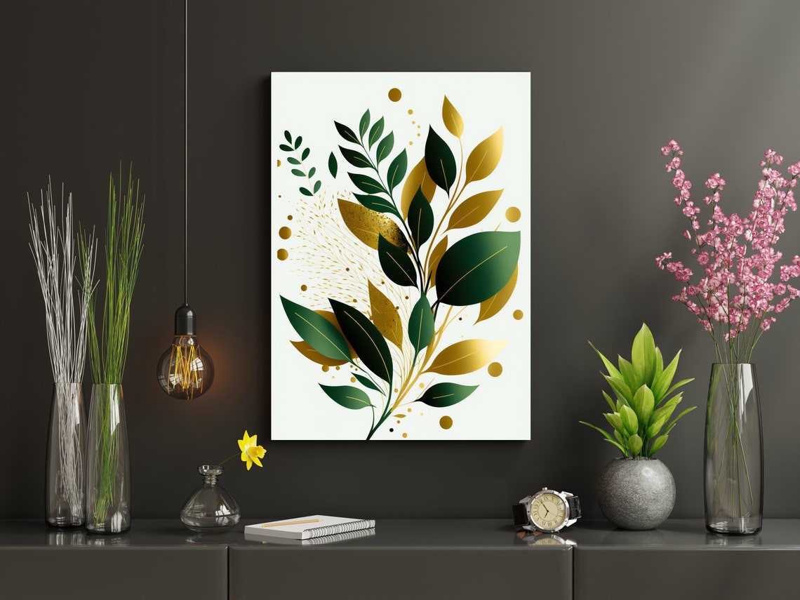 Gold Green Botanical Leaves Elegant Modern Neutral Home Poster - Image 2