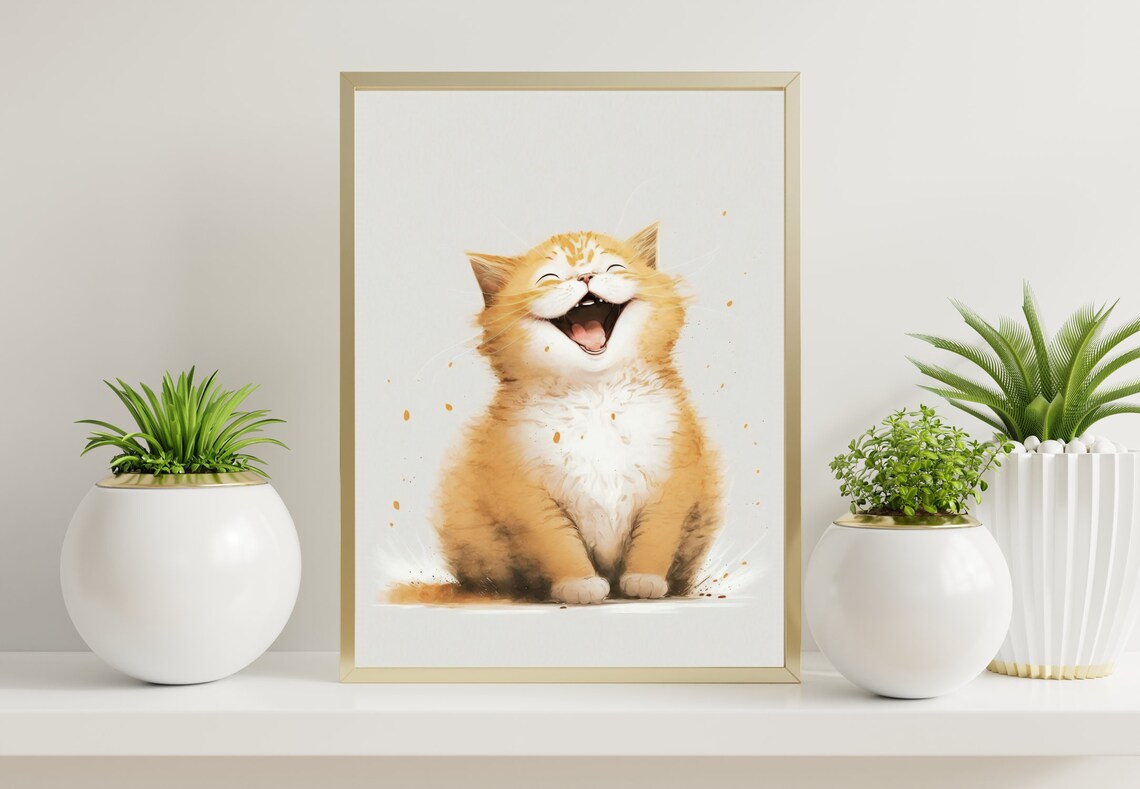 Giggling Ginger Cat Watercolor Happy Kitten Nursery Art Poster - Image 3