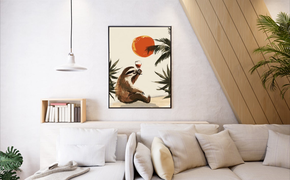 Funny Sloth Drinking Wine Sunset Palm Tropical Animal Humor Poster - Image 4