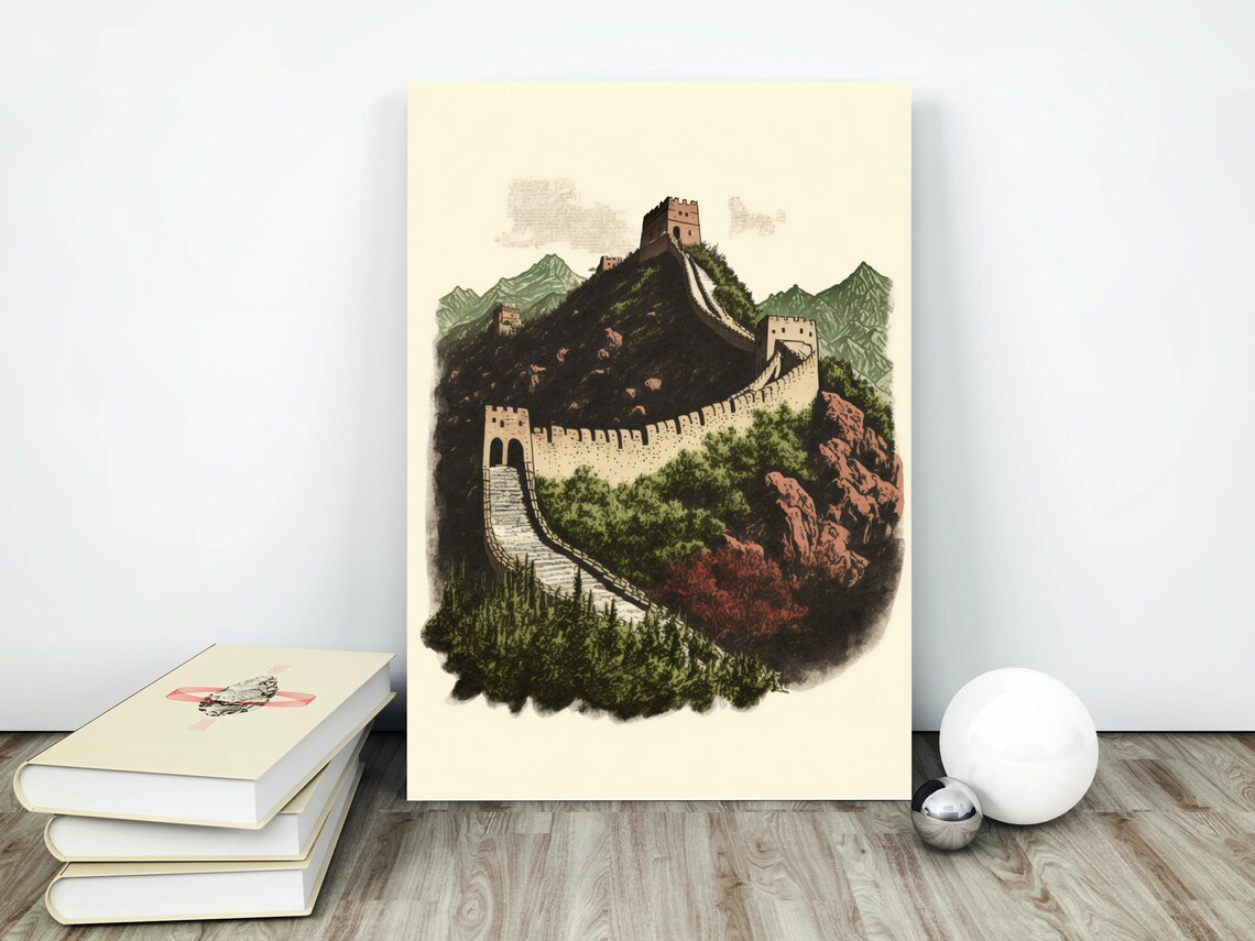Great Wall of China Mountain Watchtowers Vintage Style Poster