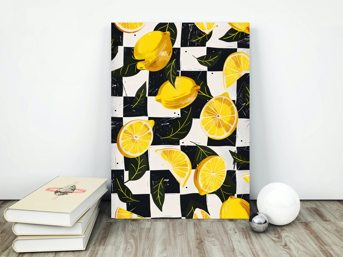 Yellow Lemons Checkered Background Trendy Kitchen Fruit Art Poster - Image 4