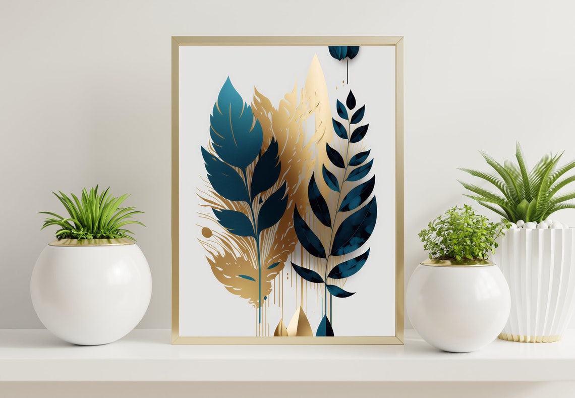 Teal Gold Abstract Leaf Sprigs Glam Botanical Modern Art Poster - Image 4