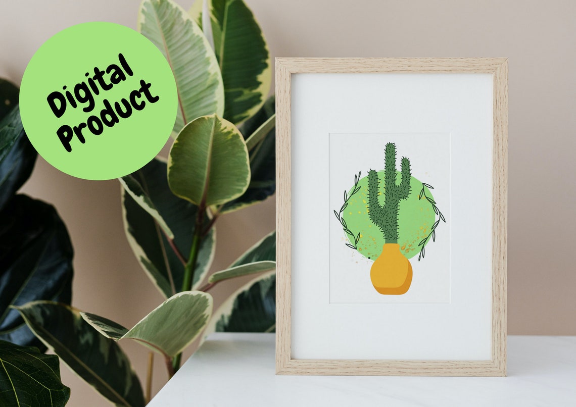 Cute Green Cactus in Orange Vase on White Minimalist Wall Poster - Image 2