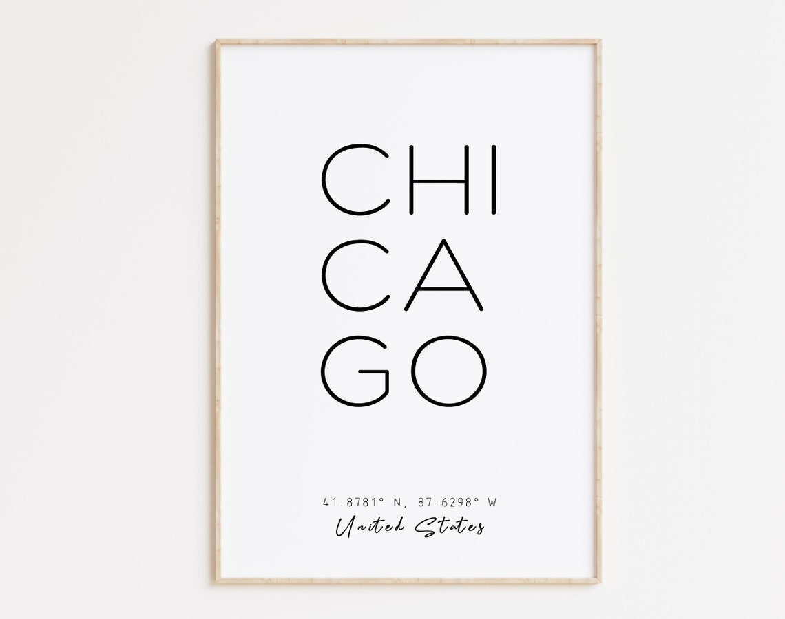 Chicago Stacked Letter Typography Coordinates Travel City Poster