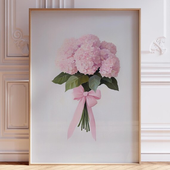 Pink Hydrangea Bouquet Pink Bow Floral Watercolor Art Poster
