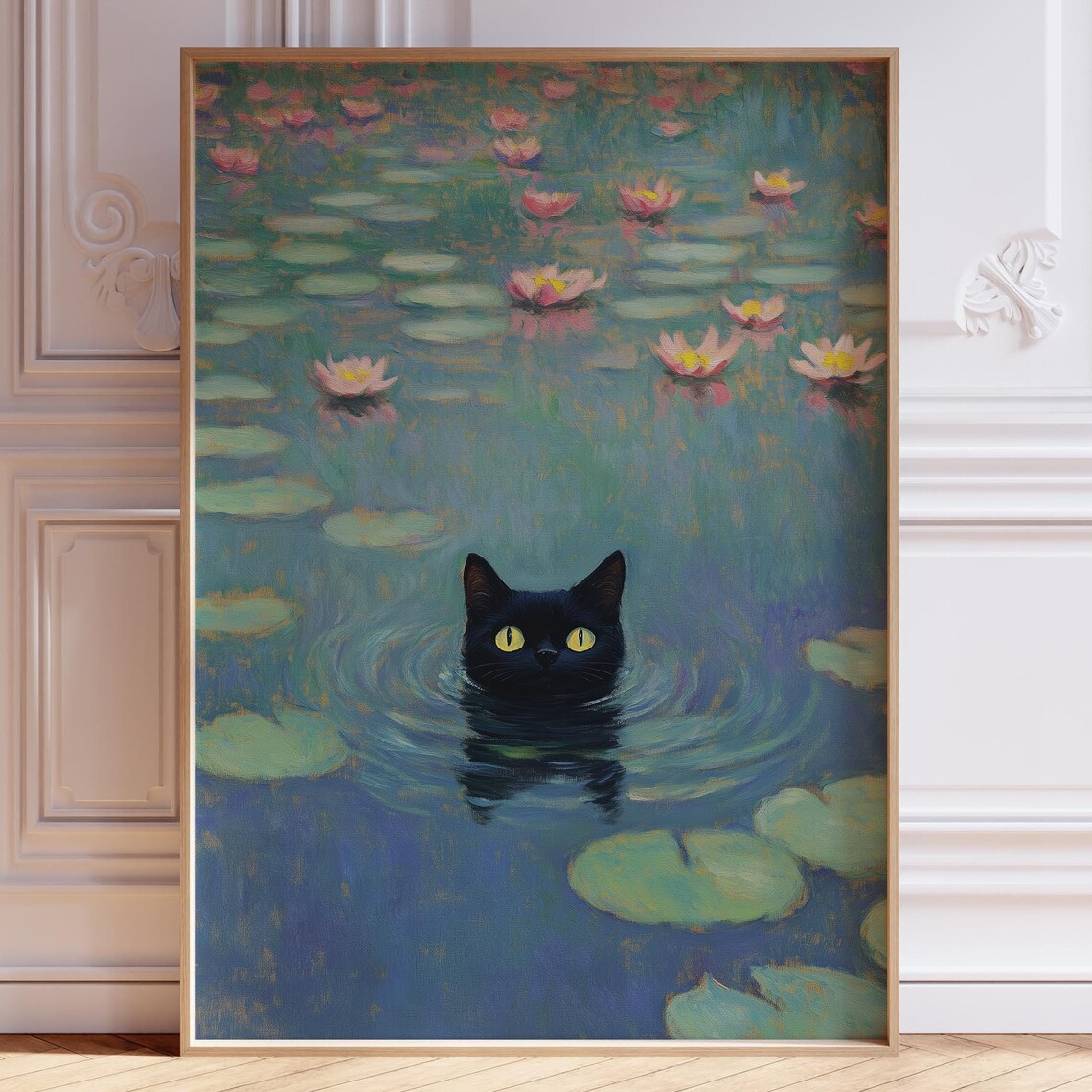 Yellow Eyed Black Cat in Dense Water Lily Blossom Pond Art Print