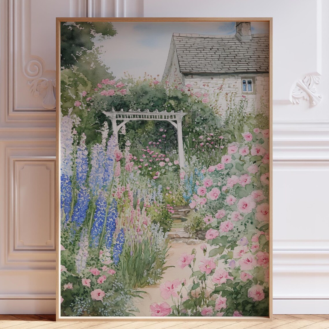 Pink Rose Garden Arbor With White Pergola Watercolor Art Poster