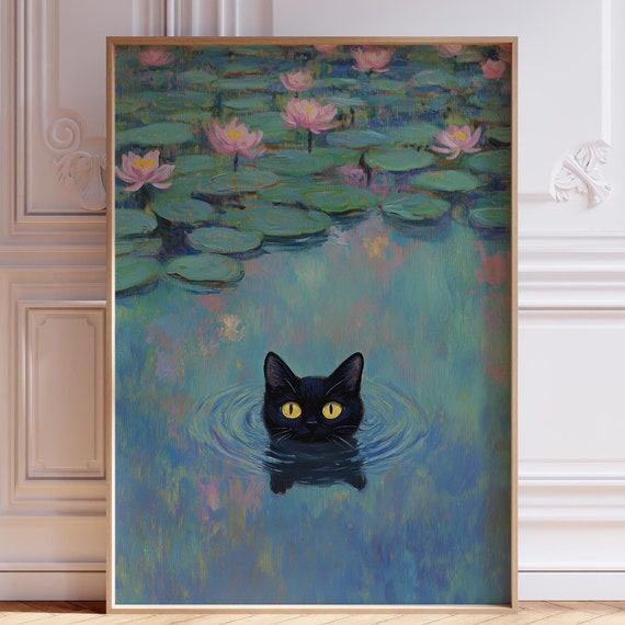 Cat Impressionist Painting Inspired By Claude Monet Waterlily Print With Flowers Art Poster