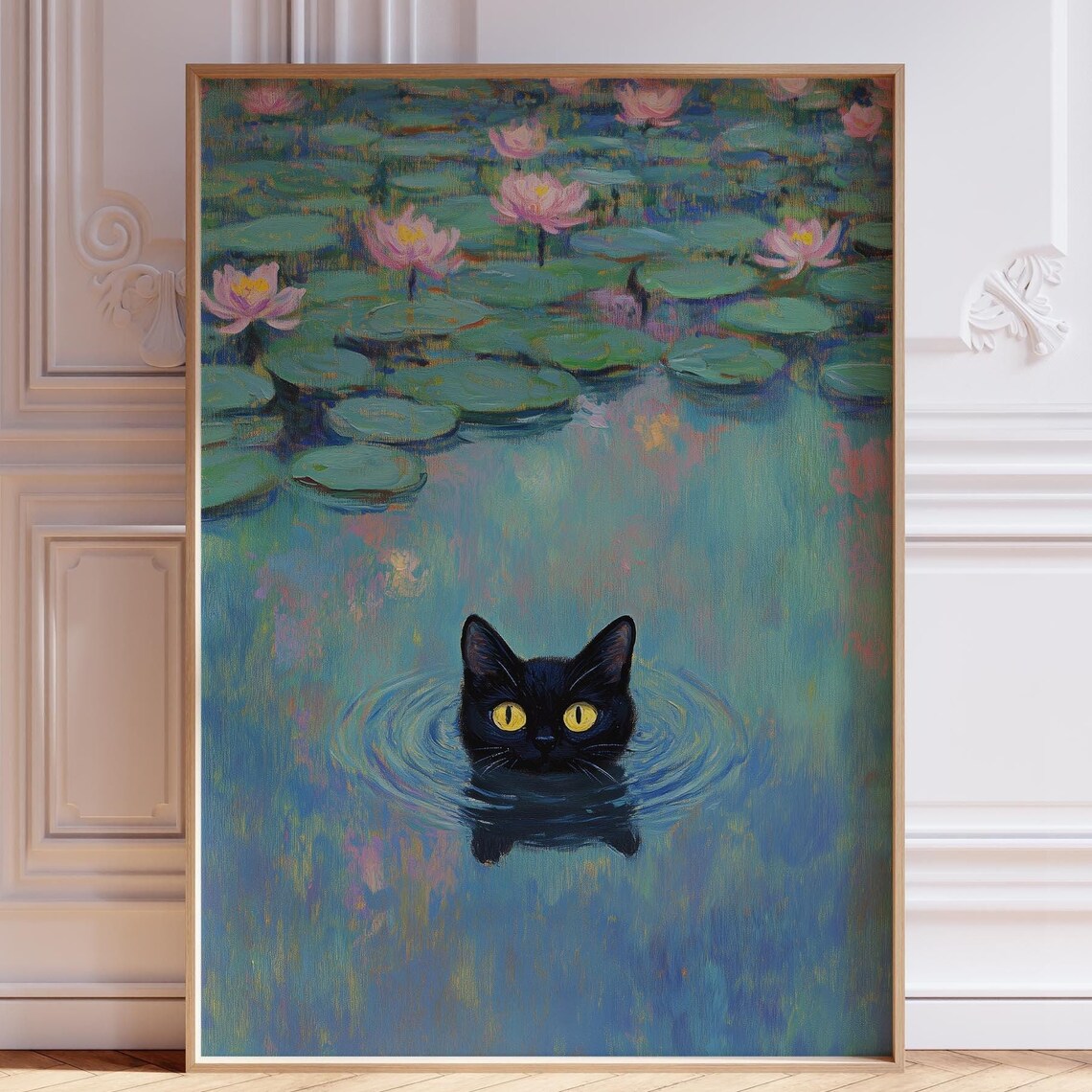 Black Cat Swimming Among Pink Lotus Monet Water Lilies Poster