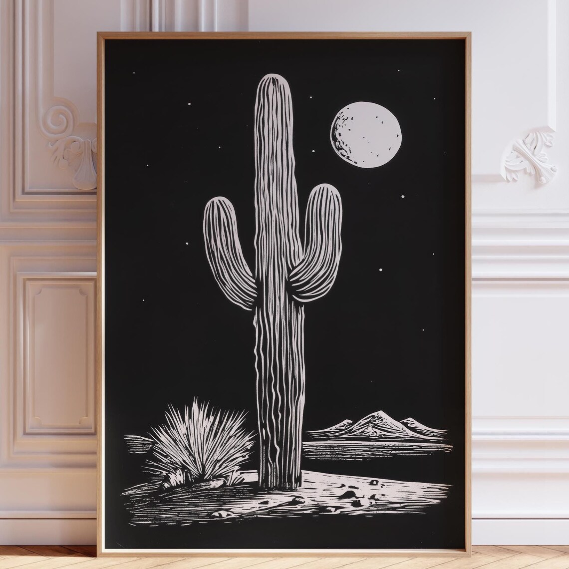 Lone Tall Saguaro Silhouette Under Full Moon Desert Night Poster