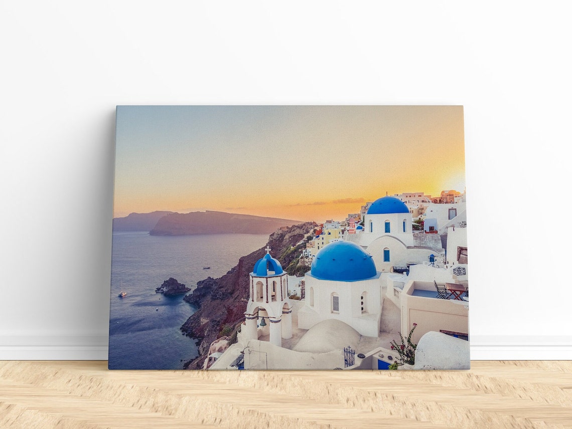 Santorini Greece Oia Sunset Blue Domes Aegean Sea Travel Photo Poster