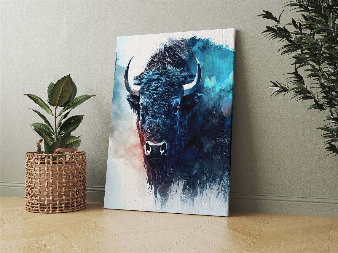 Blue Buffalo Bison Head Watercolor Portrait Wildlife Western Art Poster - Image 2