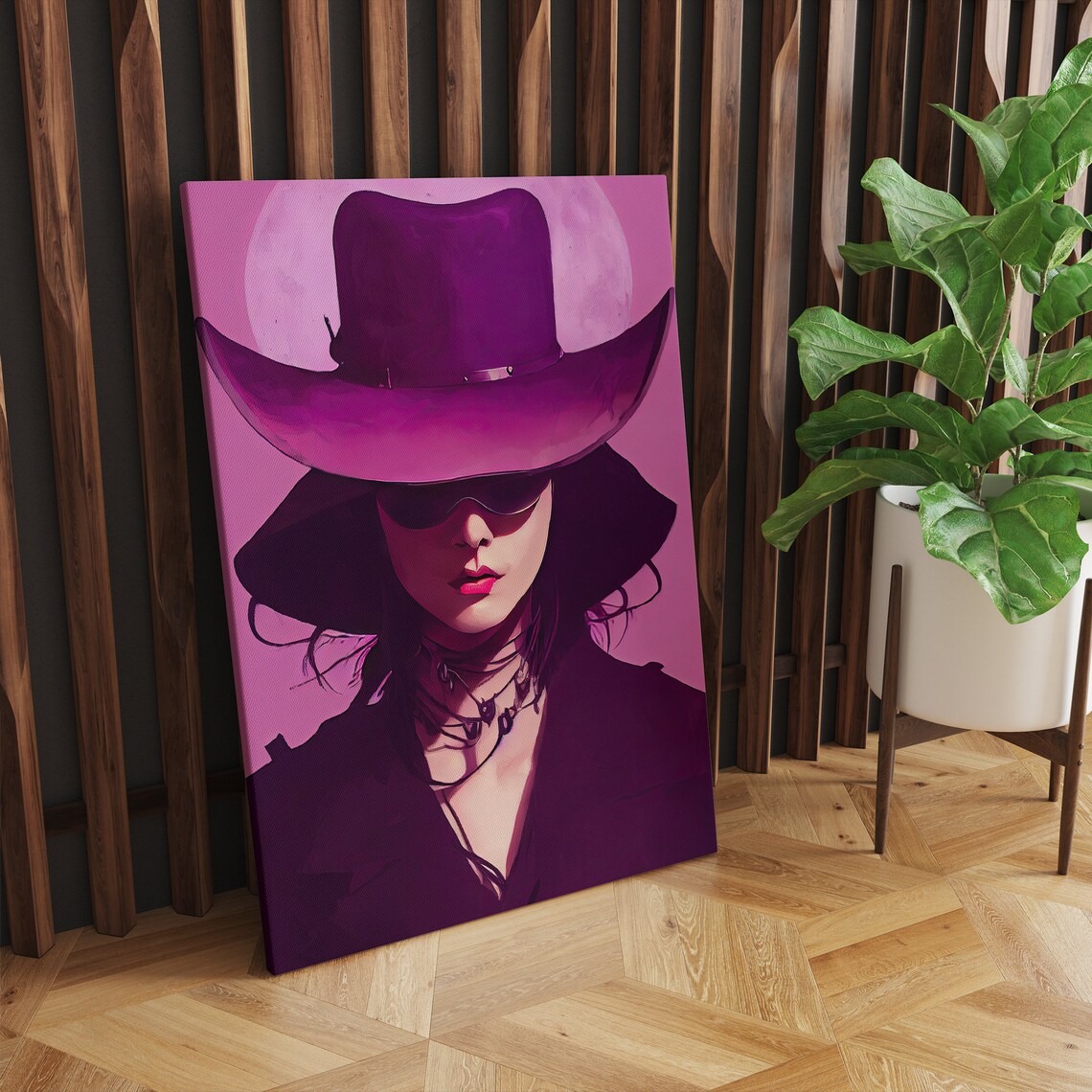 Purple Cowgirl in Sunglasses Under Full Moon Trendy Fashion Art Poster