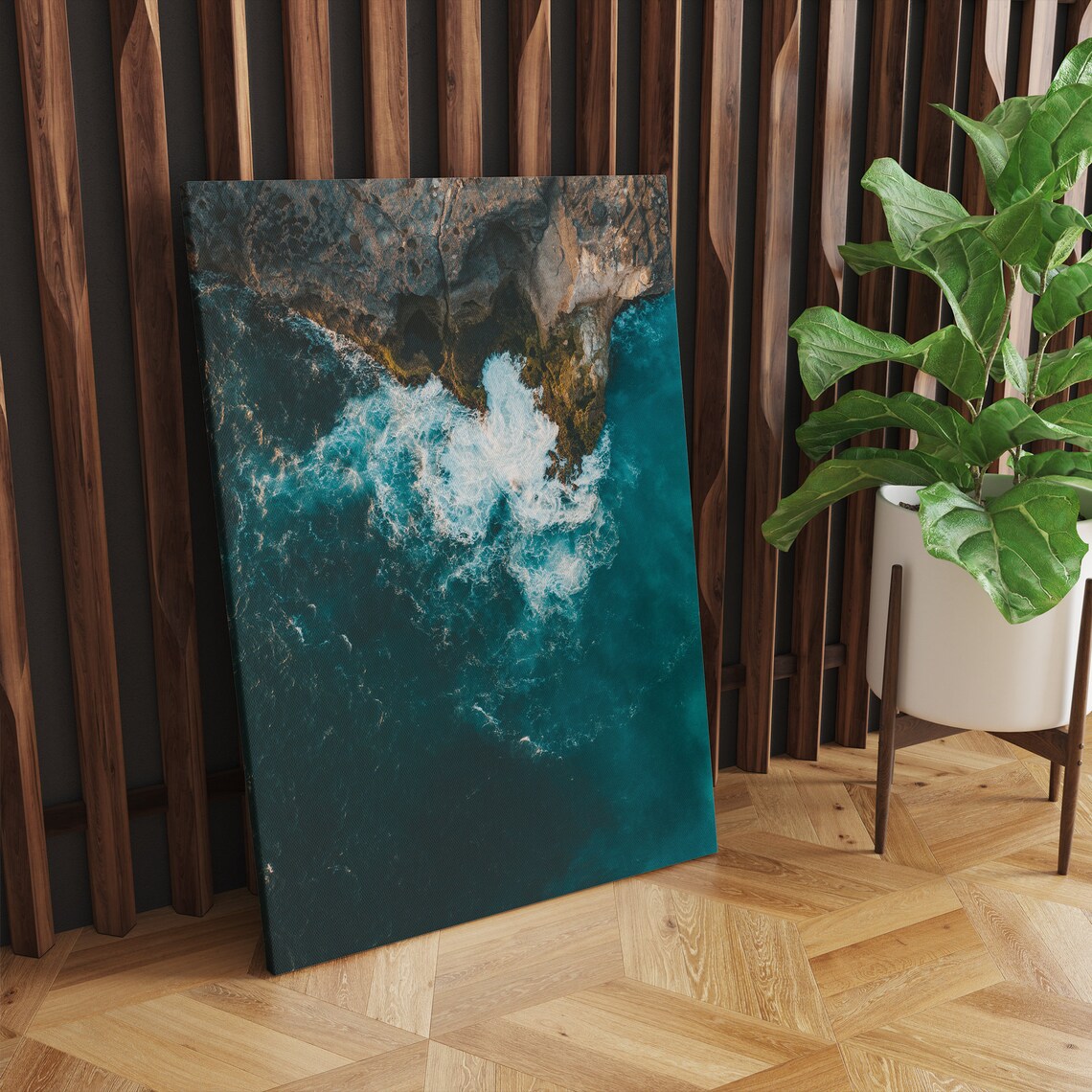 Aerial View of Turquoise Ocean Waves Crashing on Rocky Coast Poster - Image 2