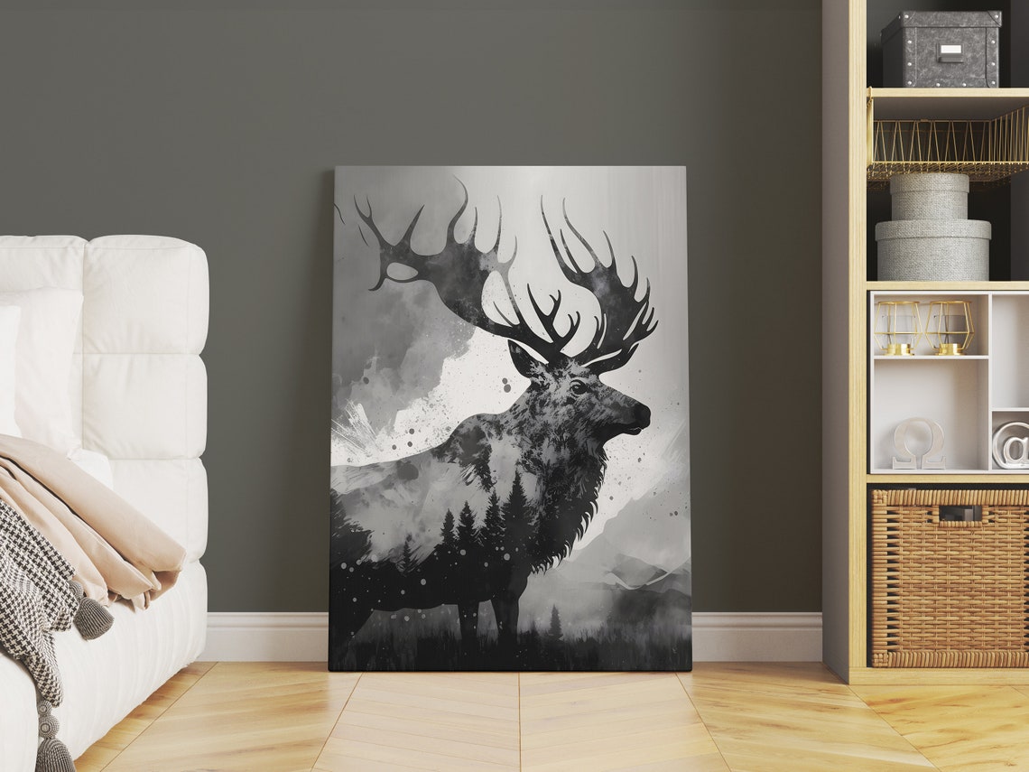 Elk Silhouette Double Exposure With Forest And Mountains Poster - Image 2