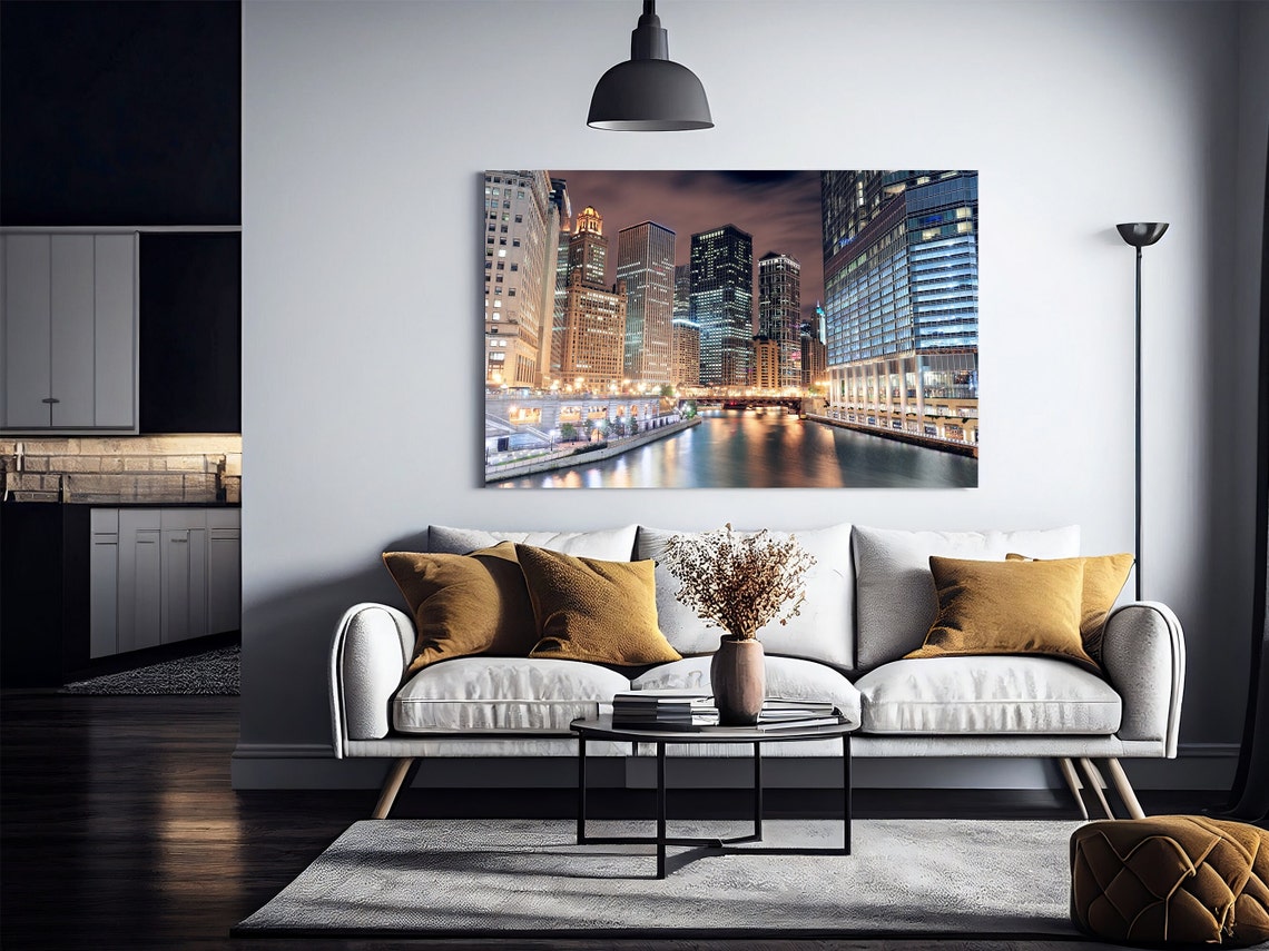 Chicago River at Night Illuminated Downtown Skyscrapers City Poster - Image 2