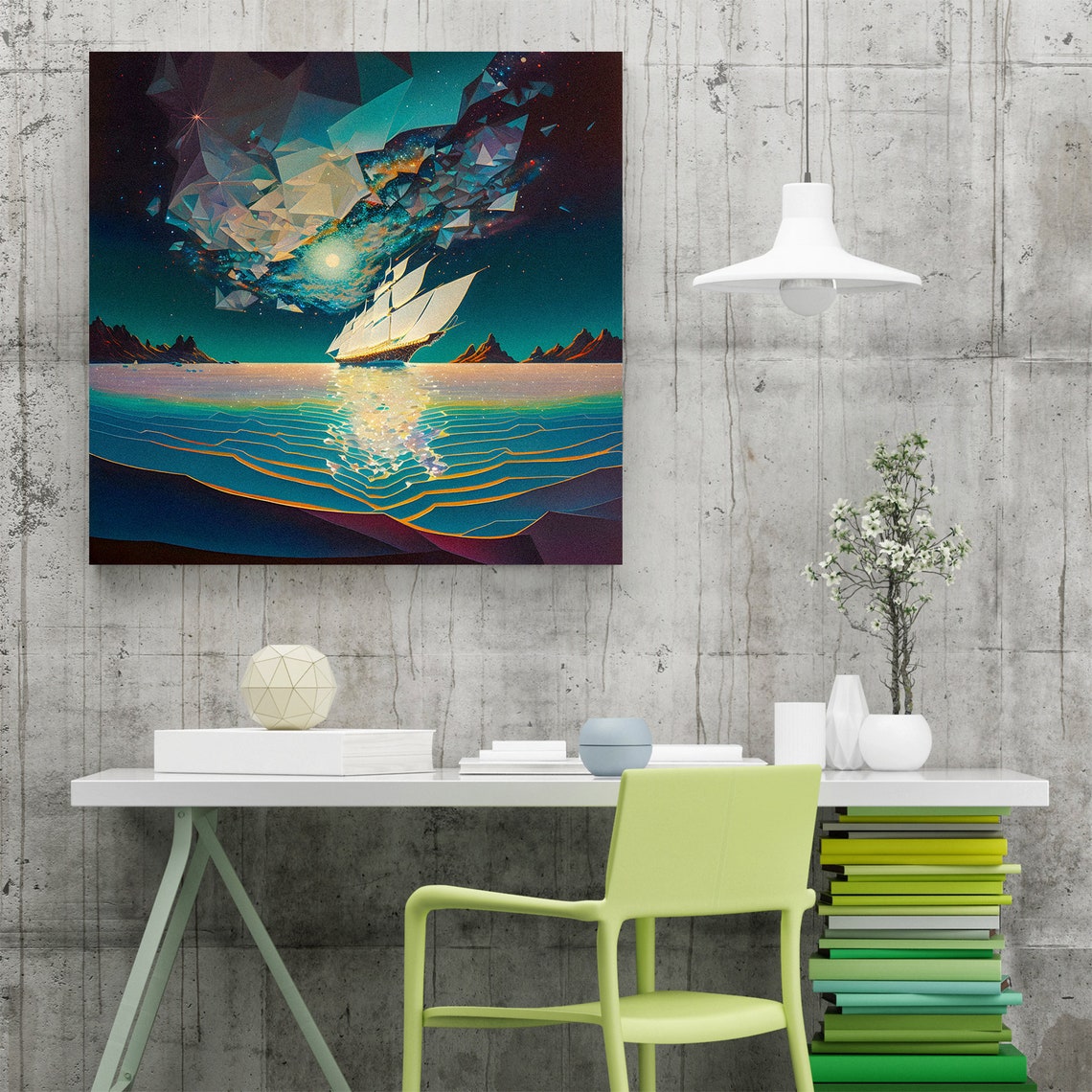 Prismatic Sails Tall Ship Under Crystal Galaxy Night Sea Art Poster - Image 3