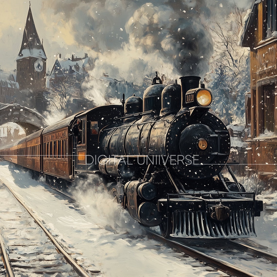 Vintage Steam Train Snowy Village Station Winter Scene Wall Art - Image 4