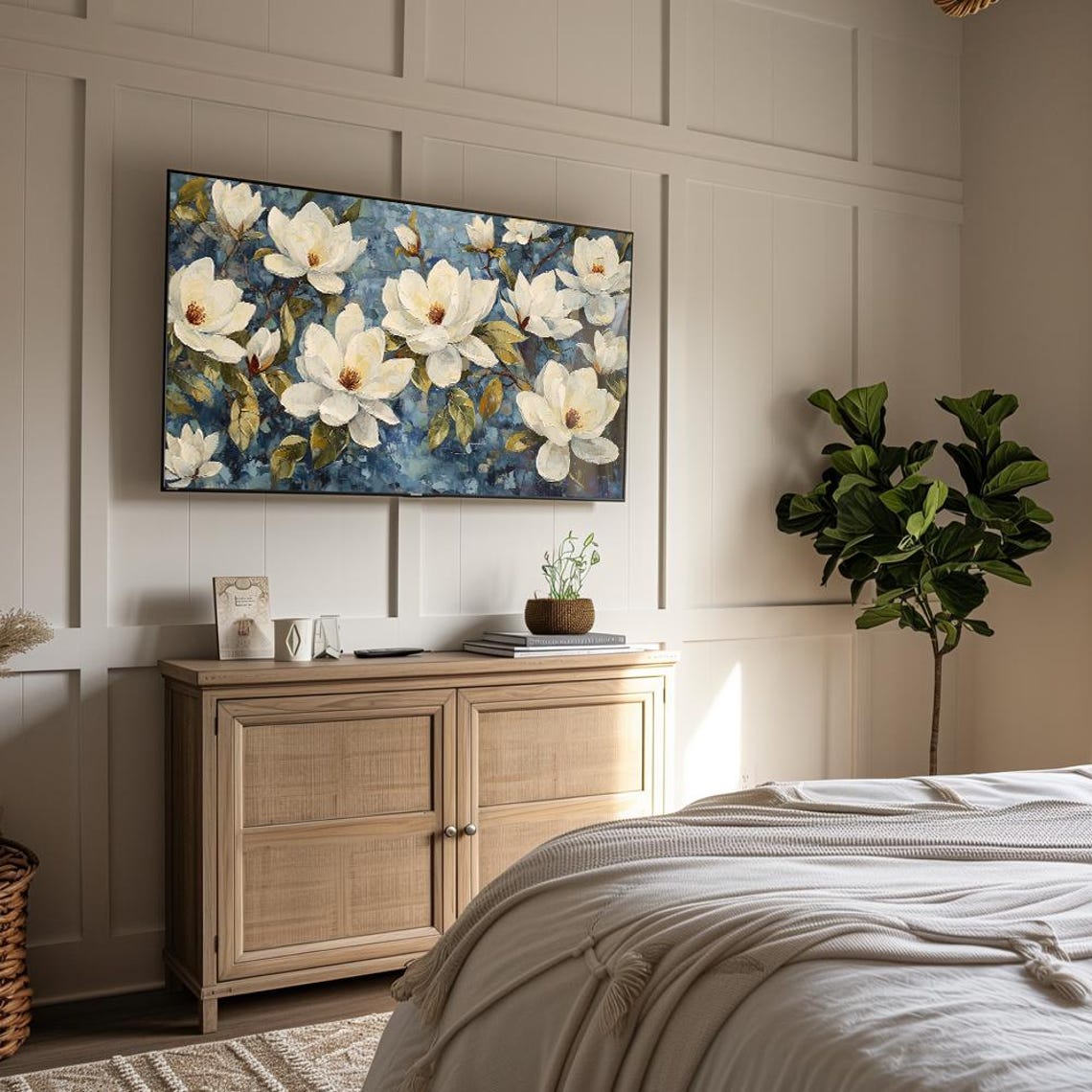 White Magnolias on Blue Impasto Textured Floral Art Wall Art - Image 4