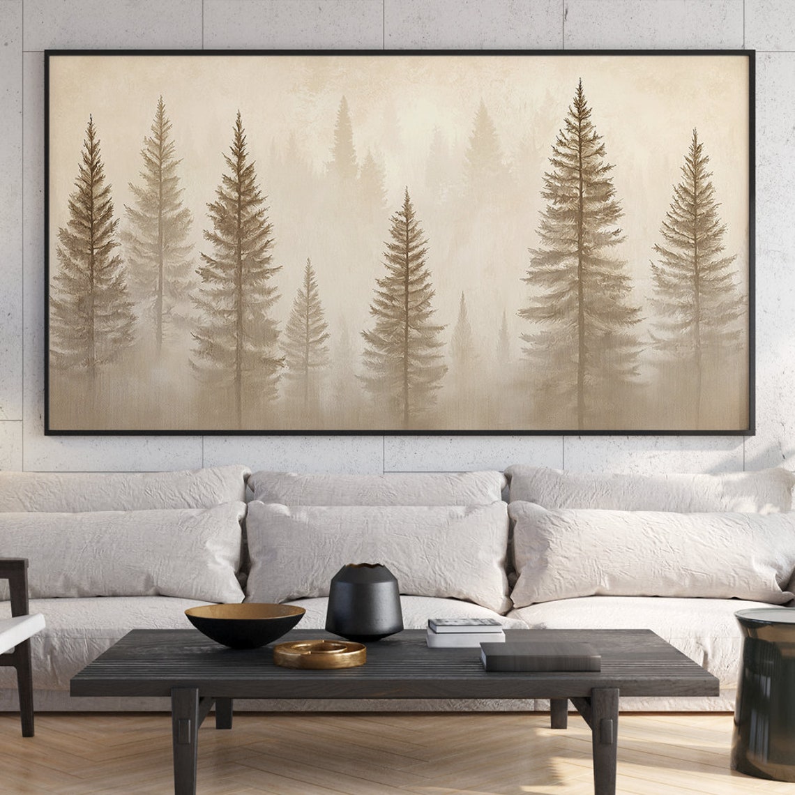 Misty Beige Winter Pine Forest Foggy Minimalist Landscape Wall Art - Image 6