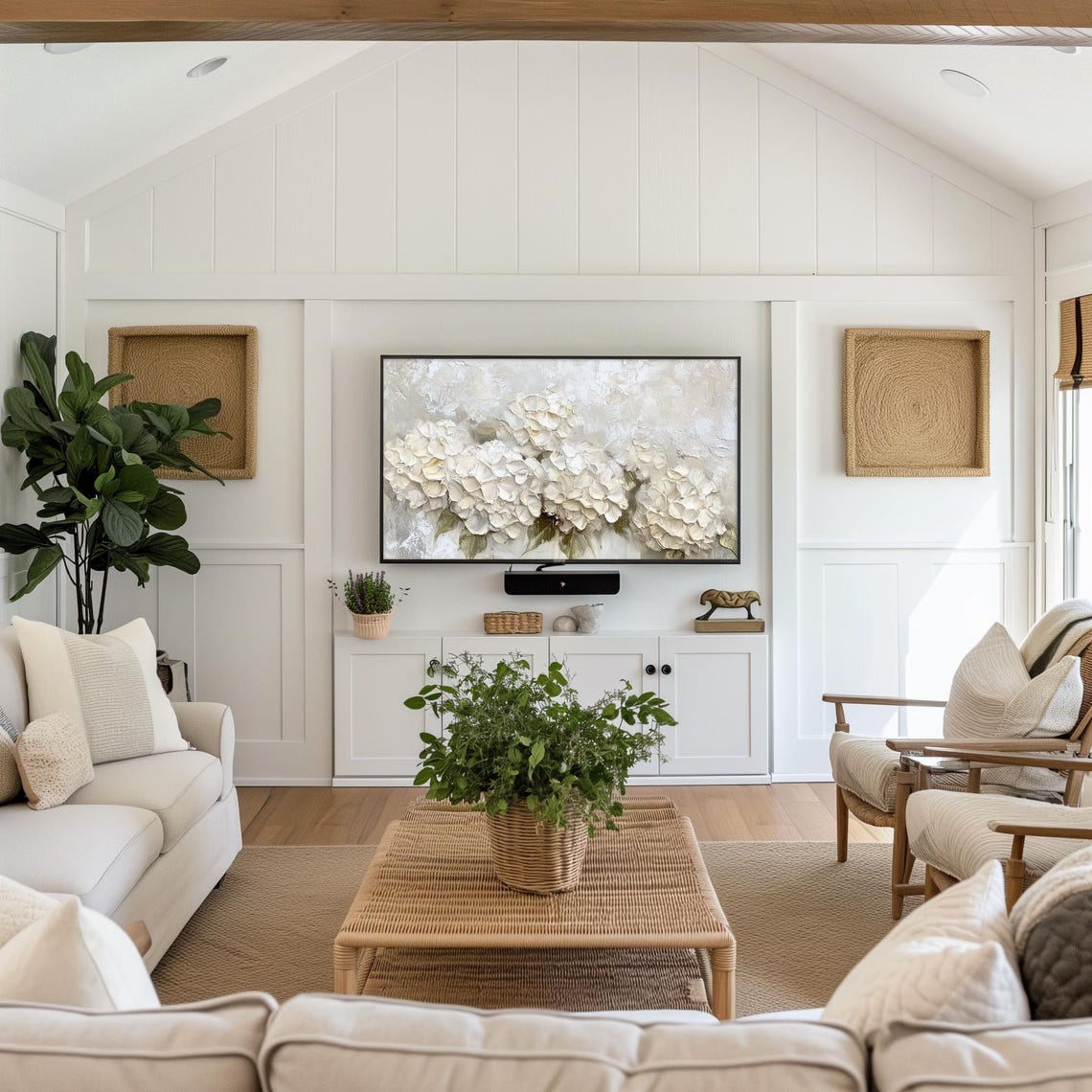White Hydrangea Clusters Neutral Impasto Floral Art Wall Art - Image 5