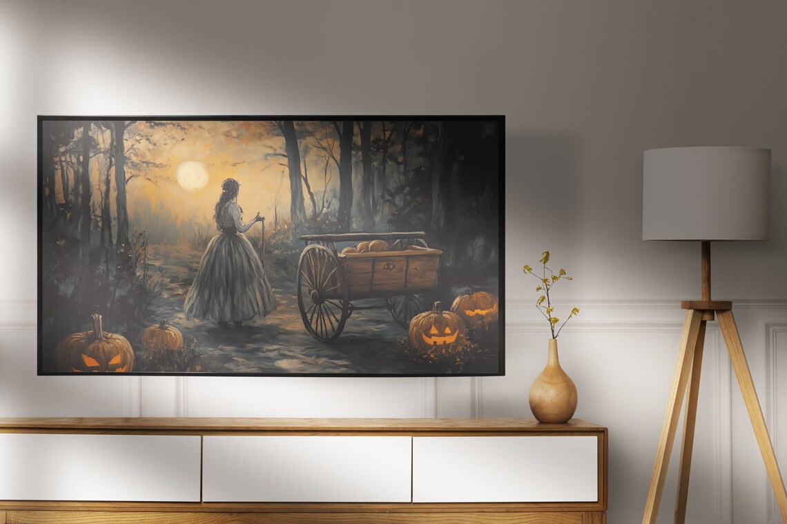 Woman Gray Gown Pumpkin Cart Moonlit Forest Jack O Lanterns Poster - Image 5