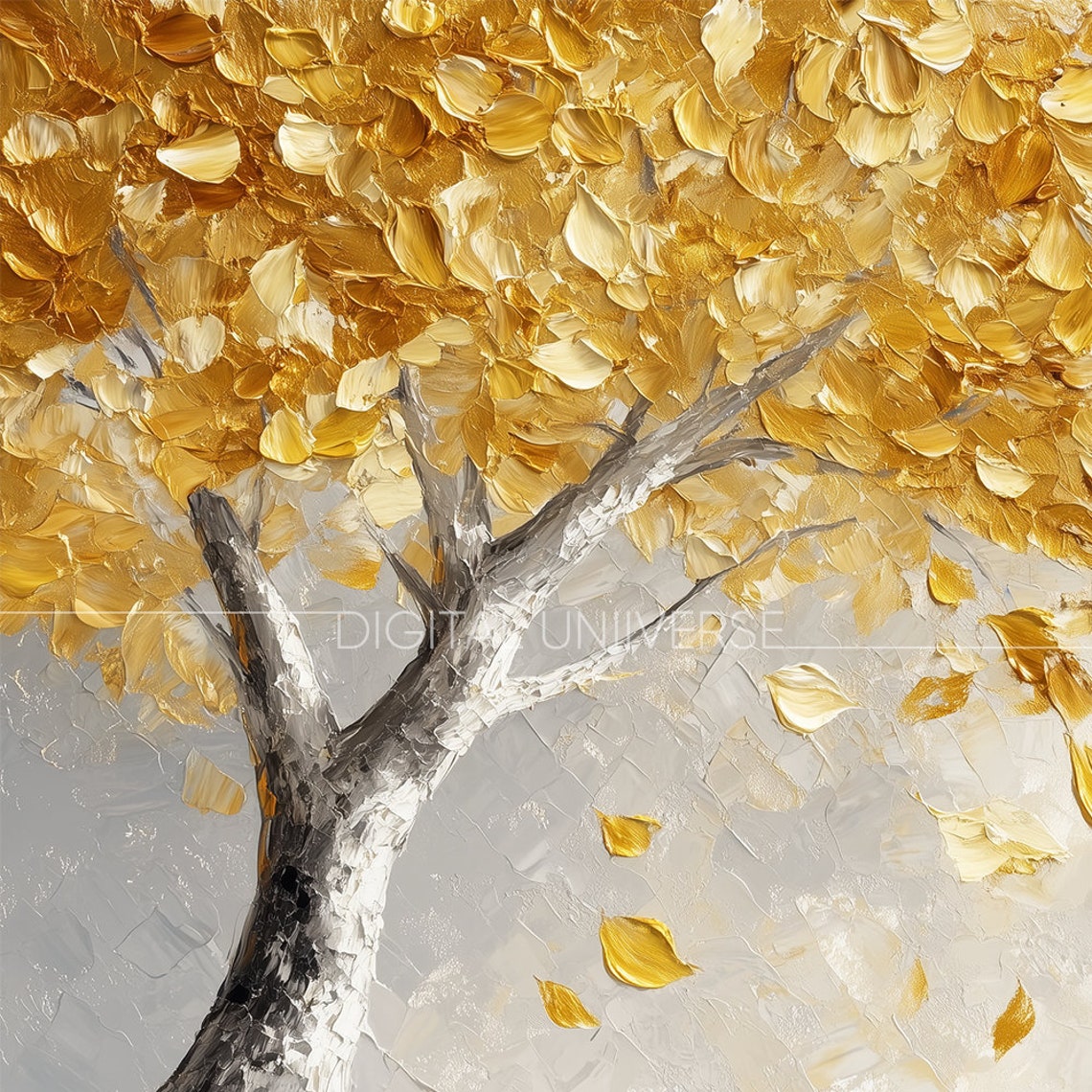 Golden Autumn Tree with Falling Leaves Impasto Oil Painting Wall Art - Image 4