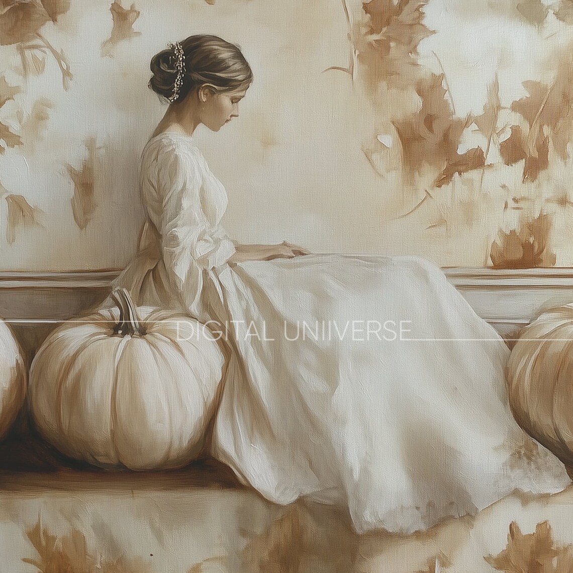 Woman White Gown White Pumpkins Elegant Vintage Autumn Painting Poster - Image 4