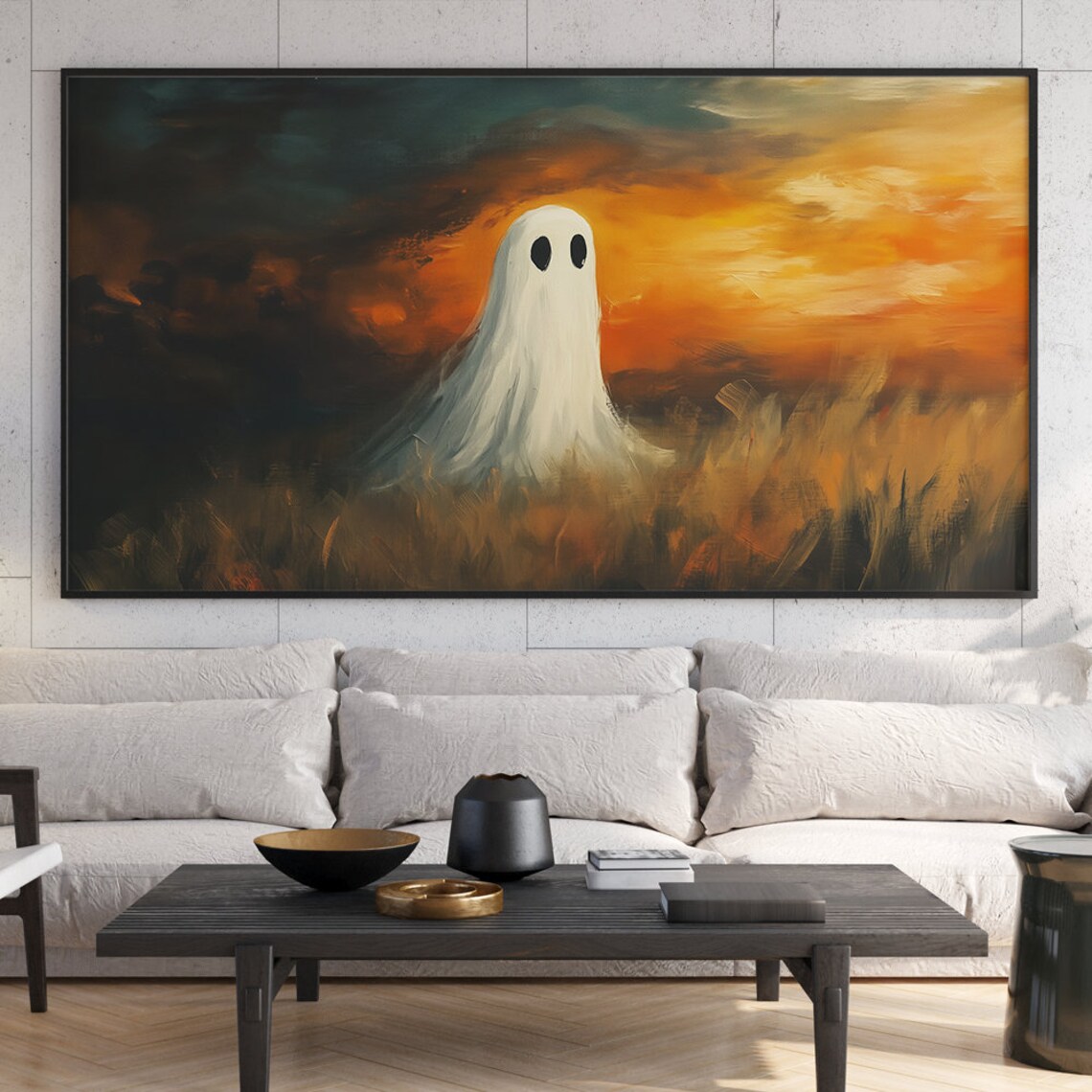 Cute Ghost in Golden Field at Fiery Sunset Halloween Art Poster - Image 6