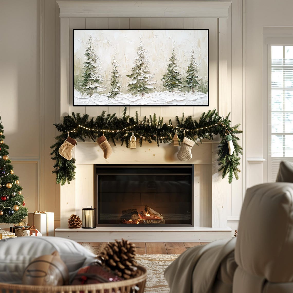 Five Textured Snow Covered Evergreen Trees Winter Scene Wall Art - Image 7