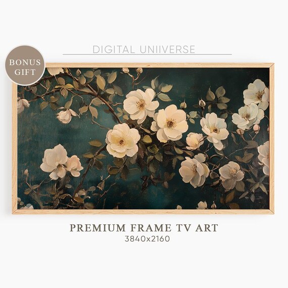 Vintage White Roses on Dark Green Moody Floral Oil Painting Wall Art