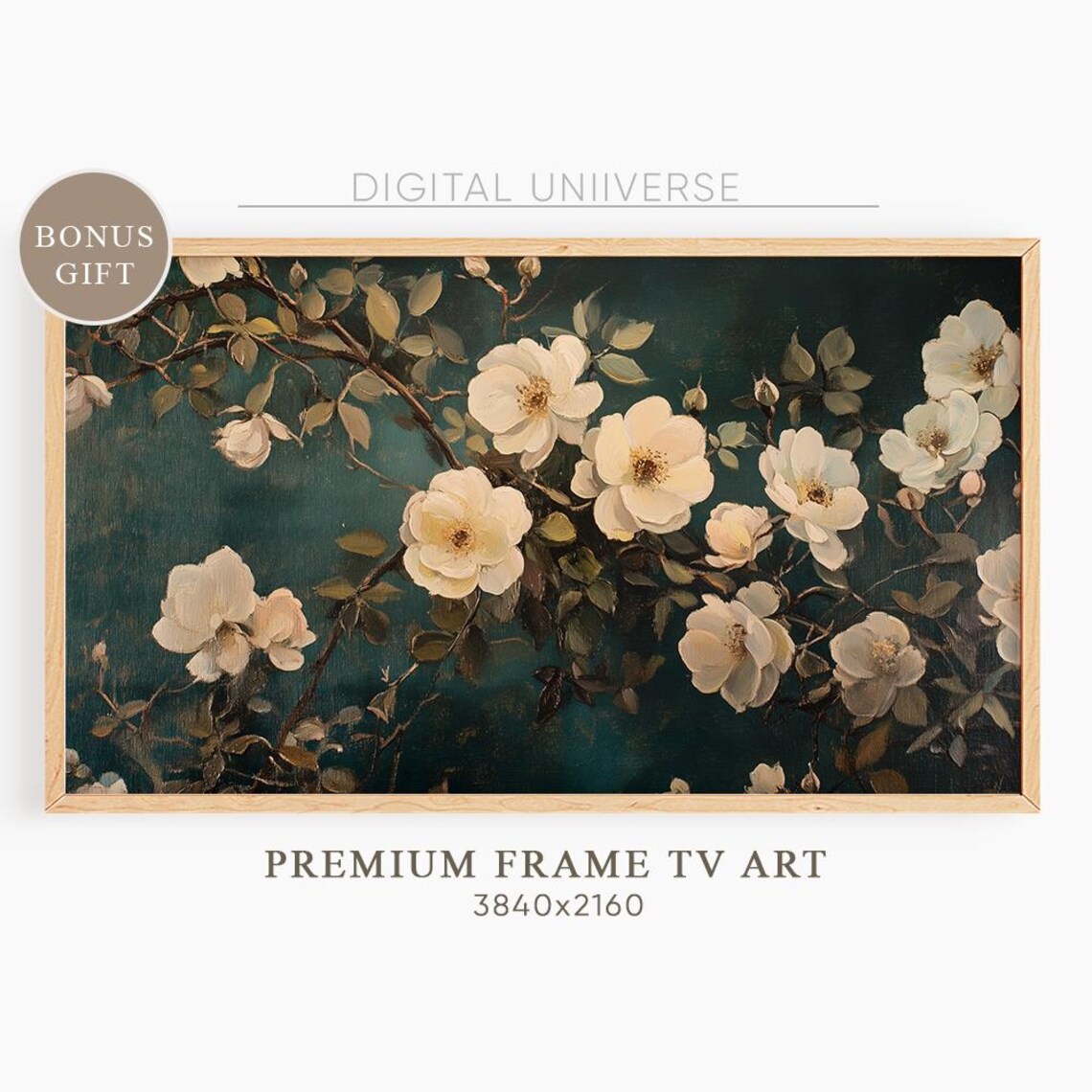 Vintage White Roses on Dark Green Moody Floral Oil Painting Wall Art