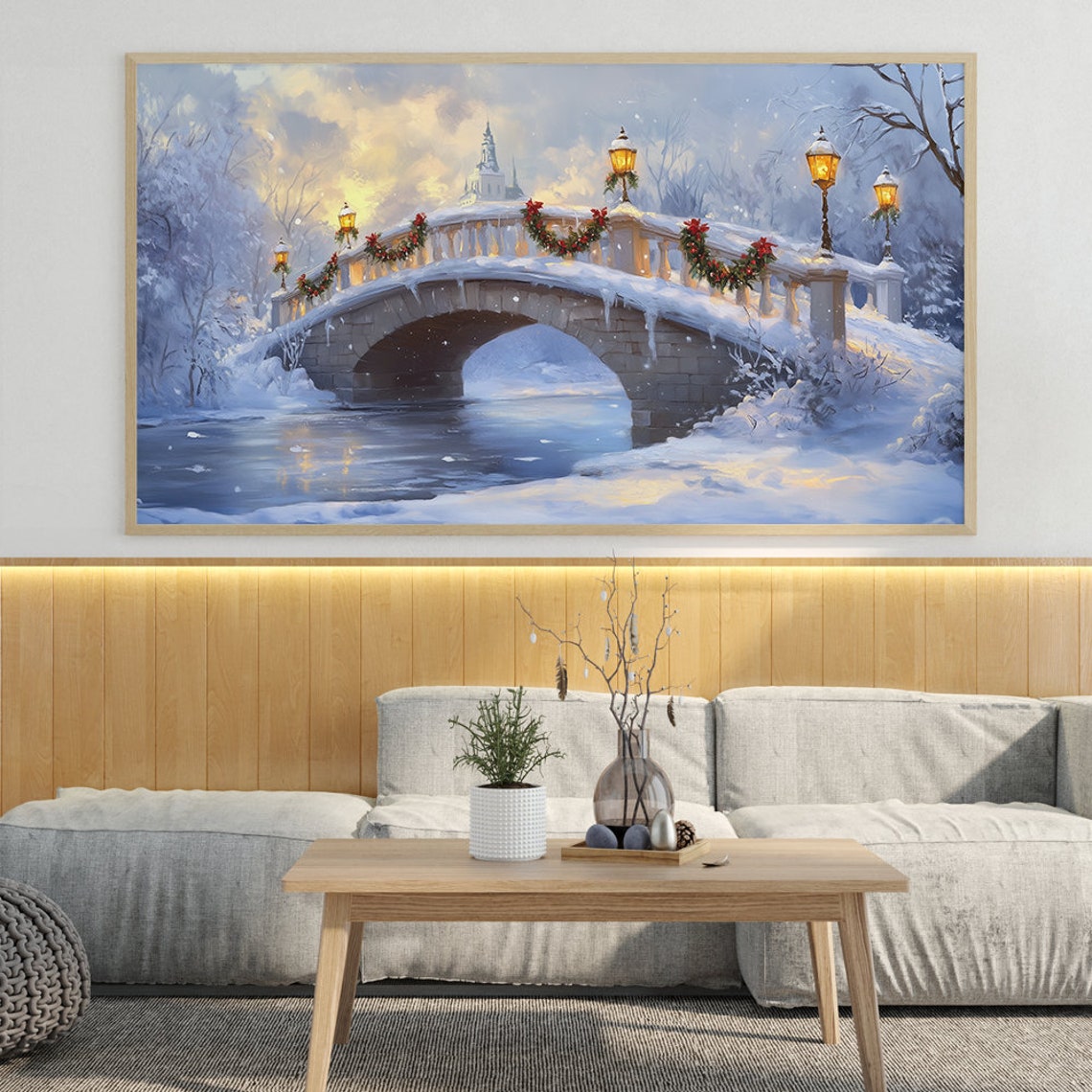 Snowy Stone Bridge with Christmas Garlands Glowing Winter Night Poster - Image 7