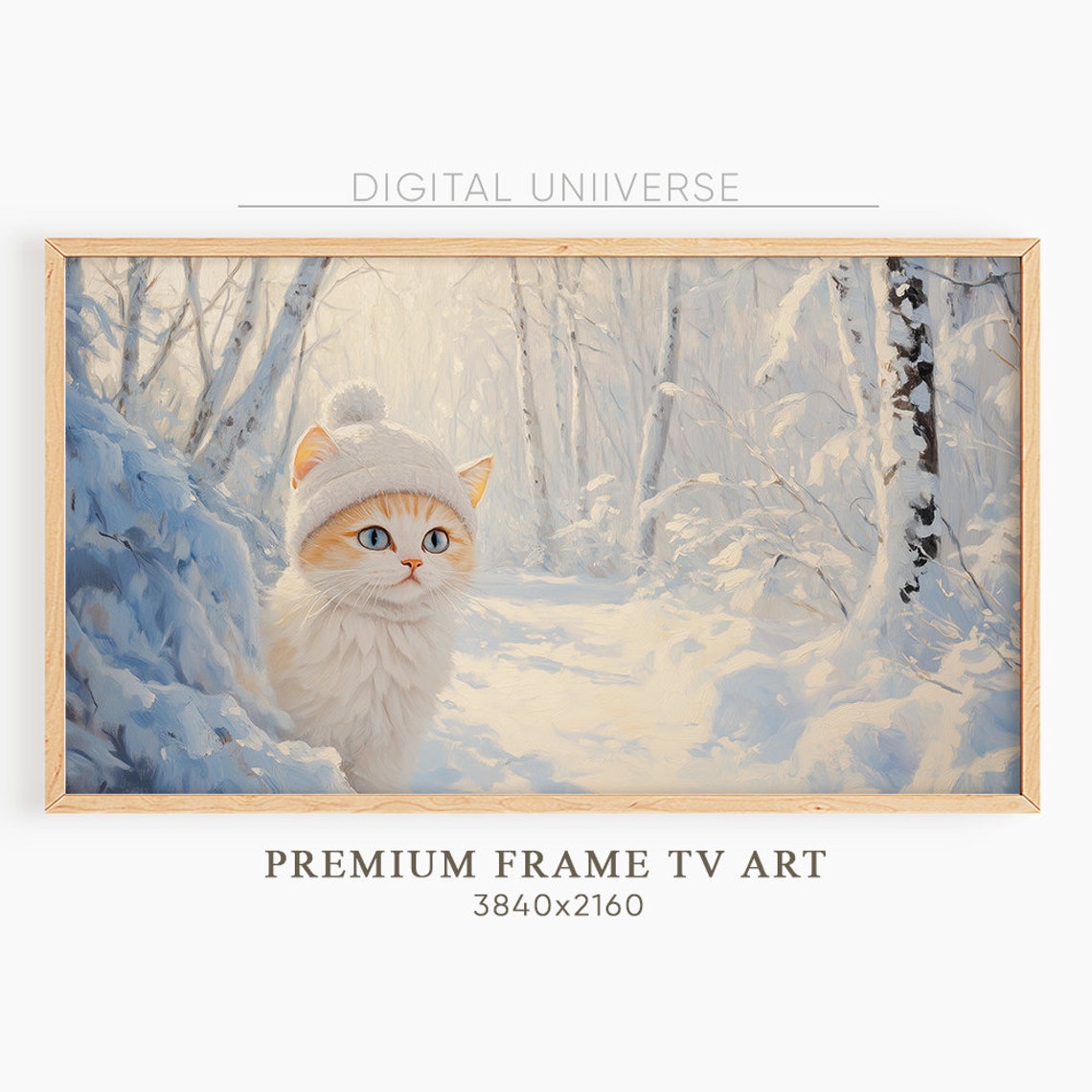 Cute White Kitten Knit Hat Snowy Winter Forest Painting Poster