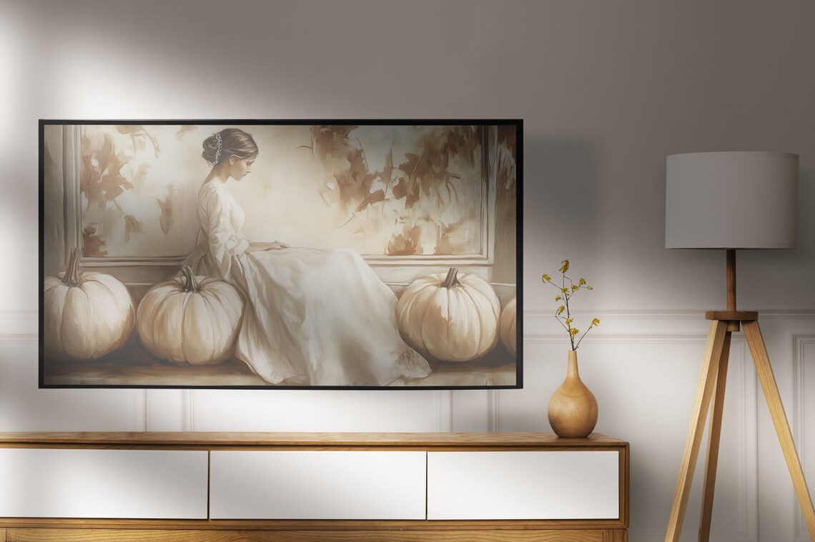 Woman White Gown White Pumpkins Elegant Vintage Autumn Painting Poster - Image 7