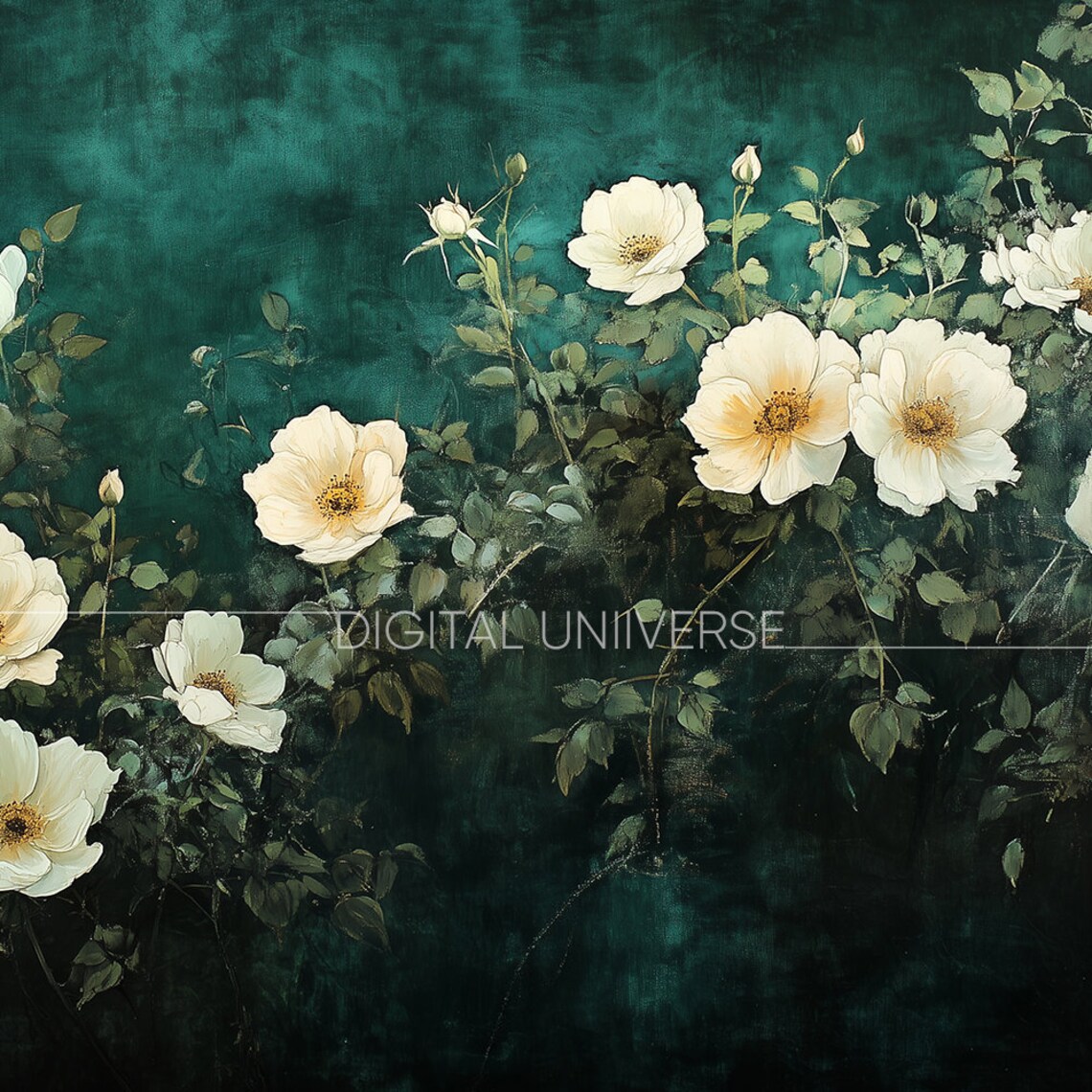 White Wild Roses on Dark Teal Moody Botanical Oil Painting Wall Art - Image 3