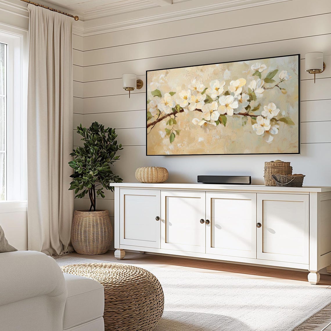 White Cherry Blossoms Branch Beige Impasto Floral Art Wall Art - Image 4