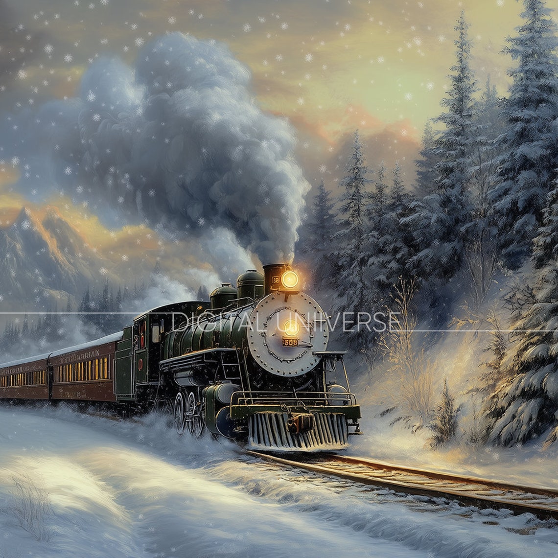Steam Locomotive Snowy Night Forest Vintage Train Christmas Poster - Image 4