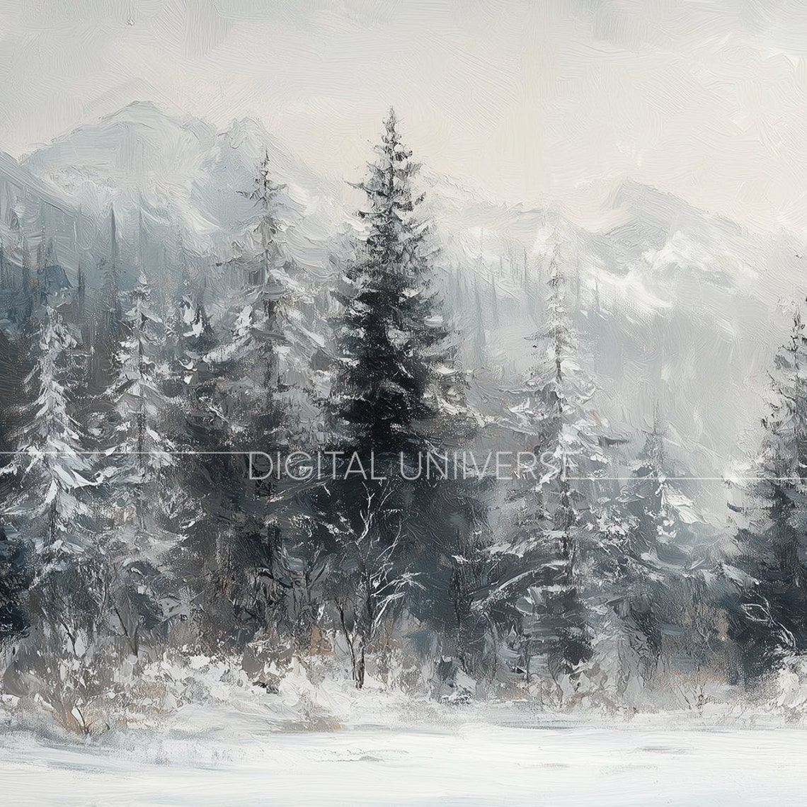 Moody Gray Winter Forest with Snowy Peaks Rustic Landscape Wall Art - Image 4