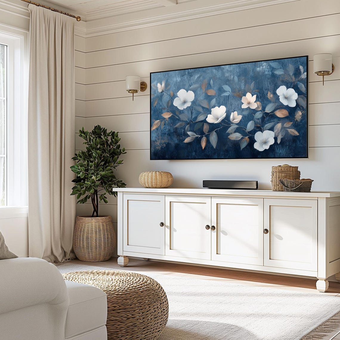 White Flowers on Deep Navy Blue Moody Floral Painting Wall Art - Image 6