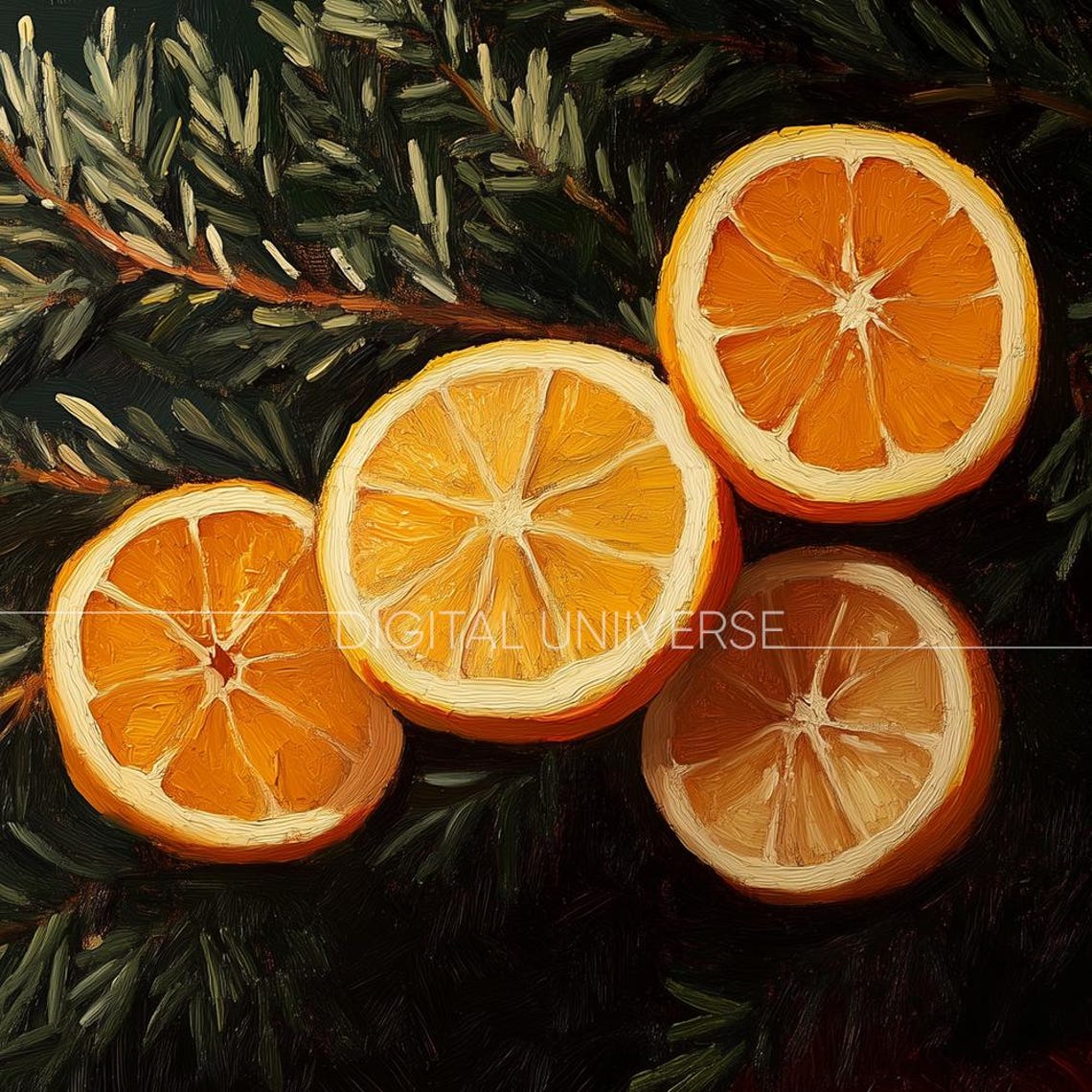 Dried Orange Slices on Pine Branches Dark Vintage Botanical Wall Art - Image 3