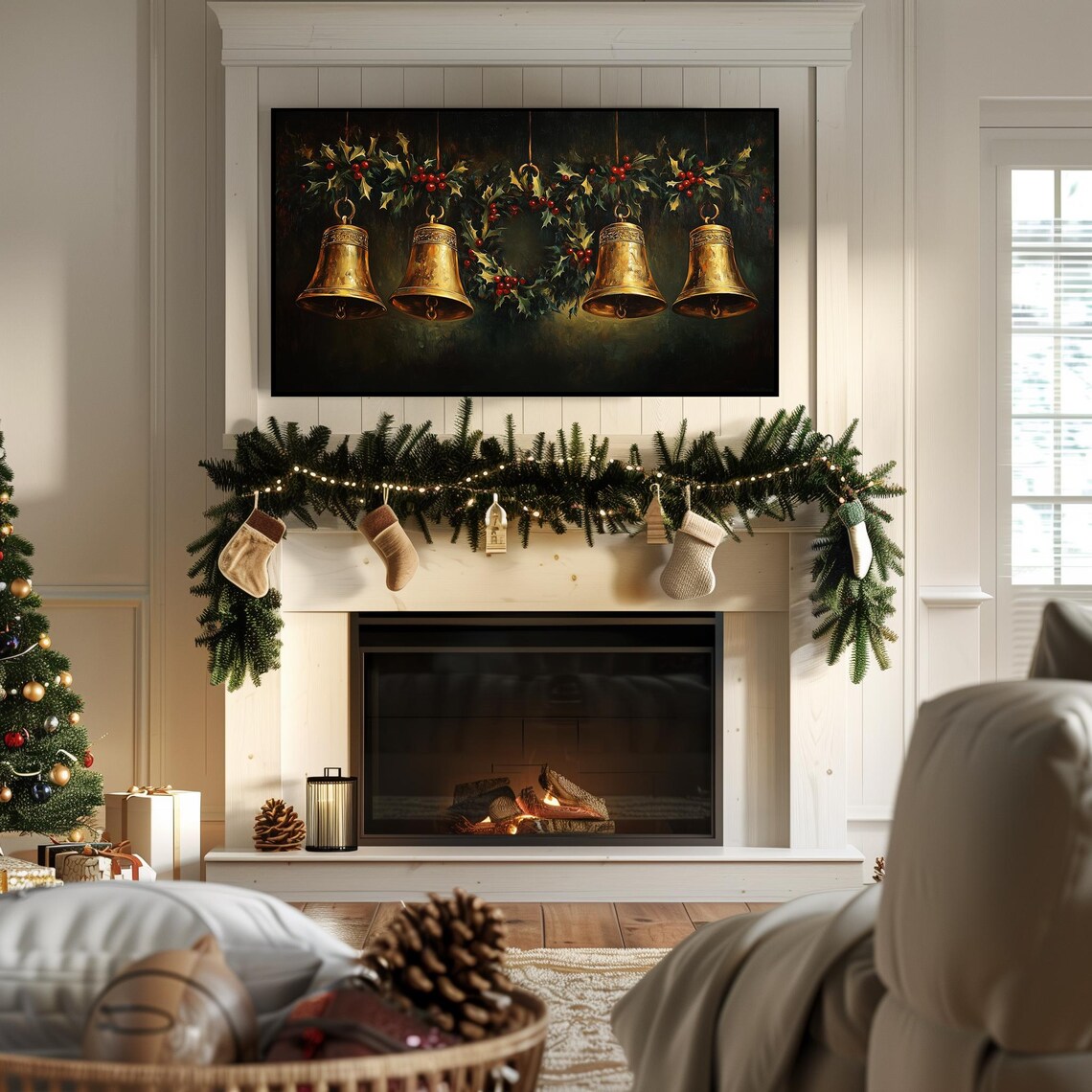 Four Golden Brass Bells with Holly Vintage Christmas Decor Poster - Image 7