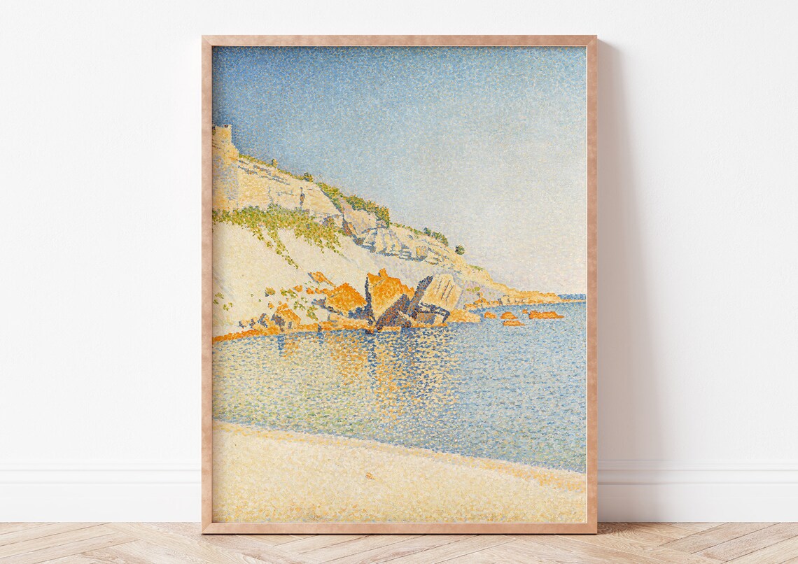 Pointillist Rocky Coastline Calm Sea Impressionist Art Poster